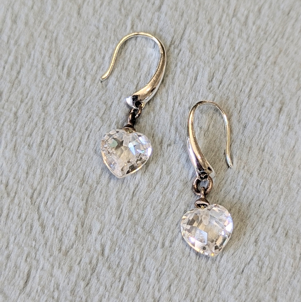 Vintage Sterling Silver & Clear Faceted Crystal Heart Drop Earrings